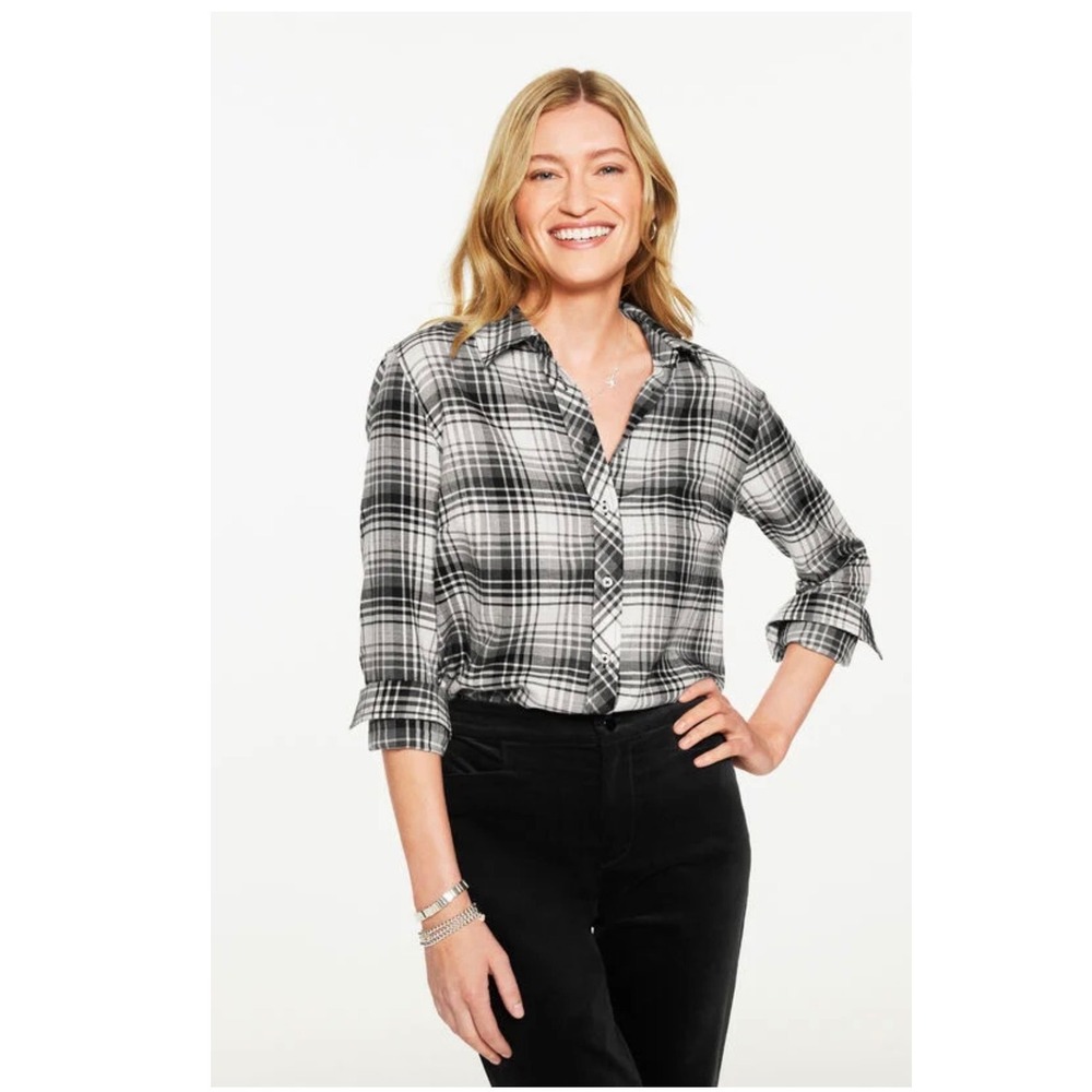 TALBOTS Metallic Flannel Modern Classic Shirt Serene Plaid Black Large NEW